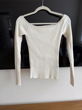 H&M Cream Ribbed Off-Shoulder Pearl Trim Top